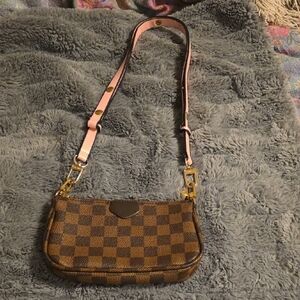 Brown Checkered Mini Crossbody Bag with Pink Strap